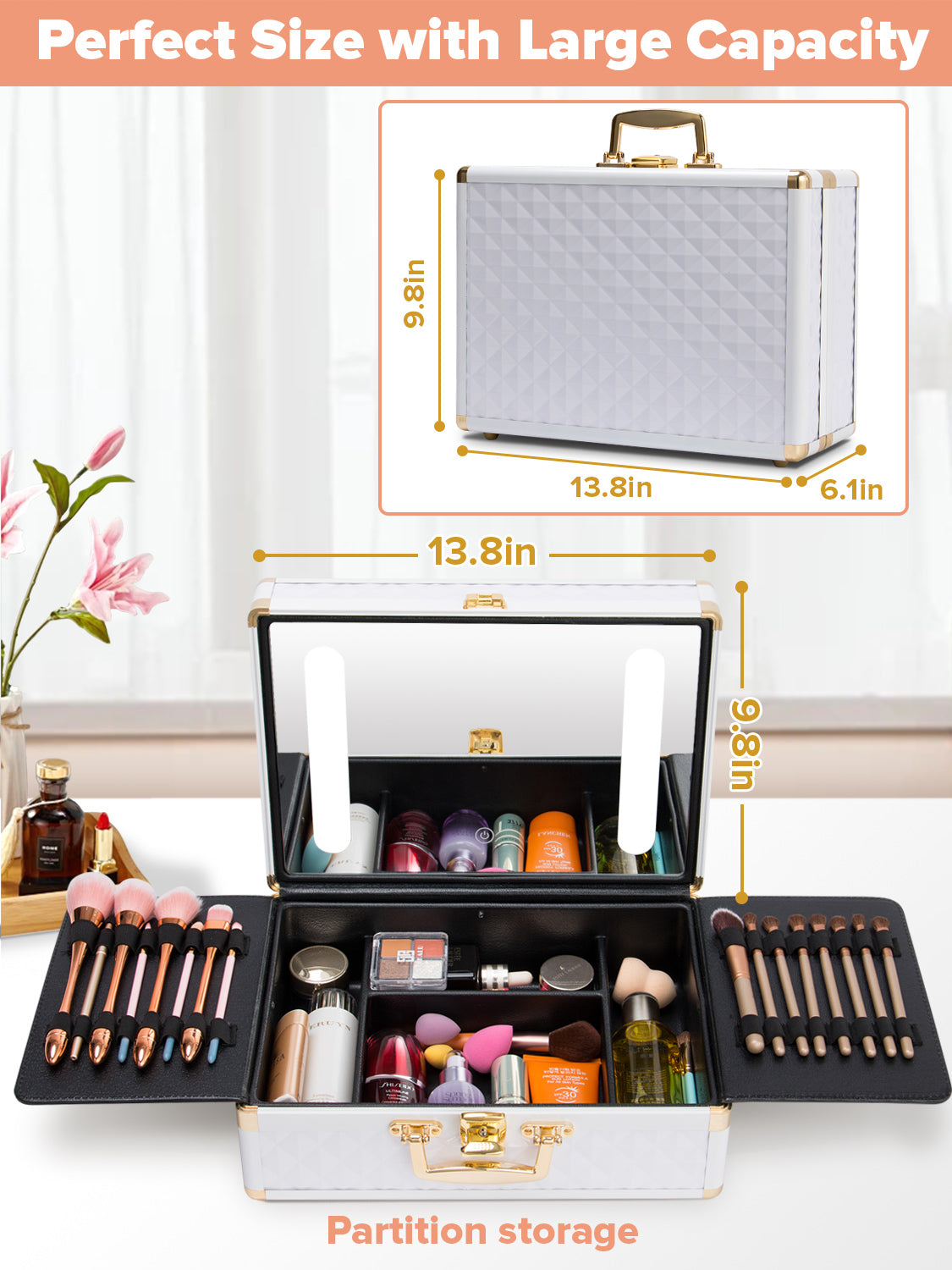 Portable Travel Makeup Case with LED Mirror, Lock, Dividers & Brush Holder