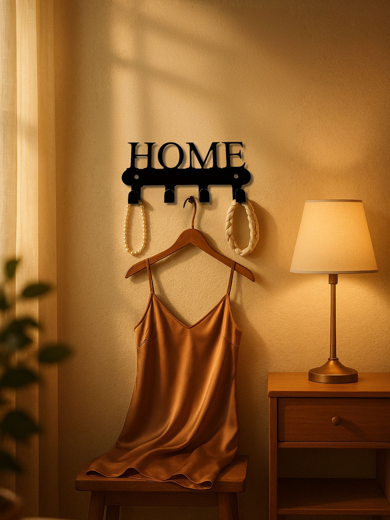 Black 4-hook wall mounted key and coat rack with 'HOME' text design, hanging a dress next to a side table with lamp on it.