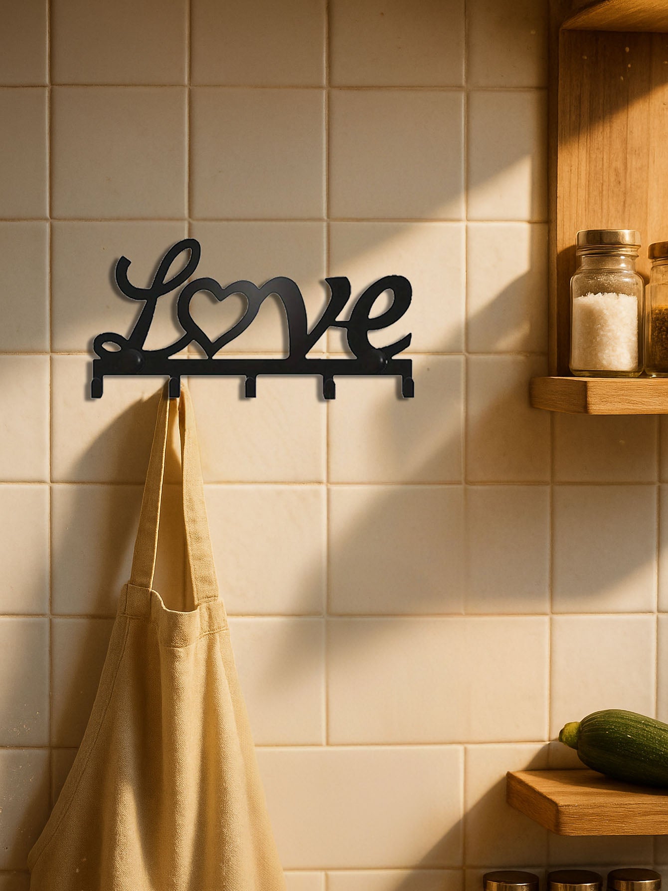 Black 5-hook wall mounted key and coat rack with 'love' text design on a tiled kitchen wall with a yellow apron hanging on it.