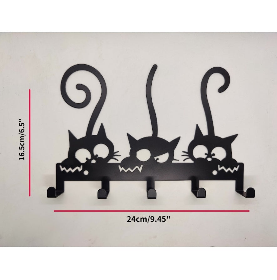 Black cat-design 5-hook wall mounted key and coat rack with measurements as 9.45 x 6.5in on a light gray background