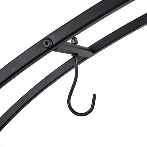 Black metal bracket with a hanging hook from a semi circular 5 layer plant stand on a white background