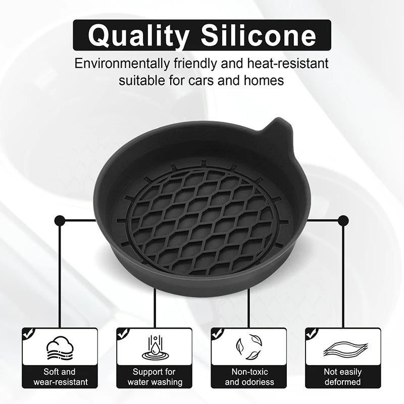 Black silicone car cup holder insert with text highlighting its qualities on a white background