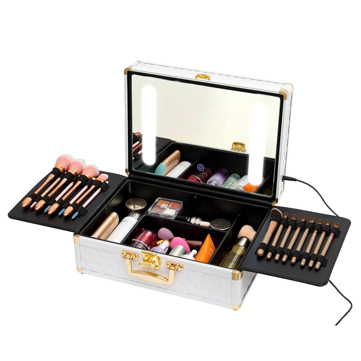 Portable Travel Makeup Case with LED Mirror, Lock, Dividers & Brush Holder