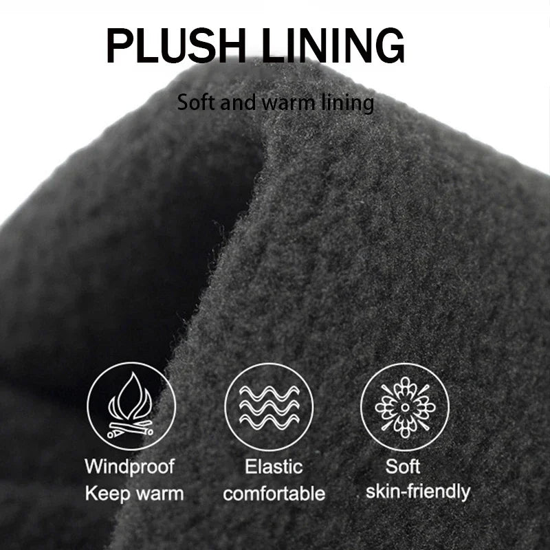 Close-up of plush lining of touch screen winter gloves with text and icons indicating features like windproof, elastic, and skin-friendly.