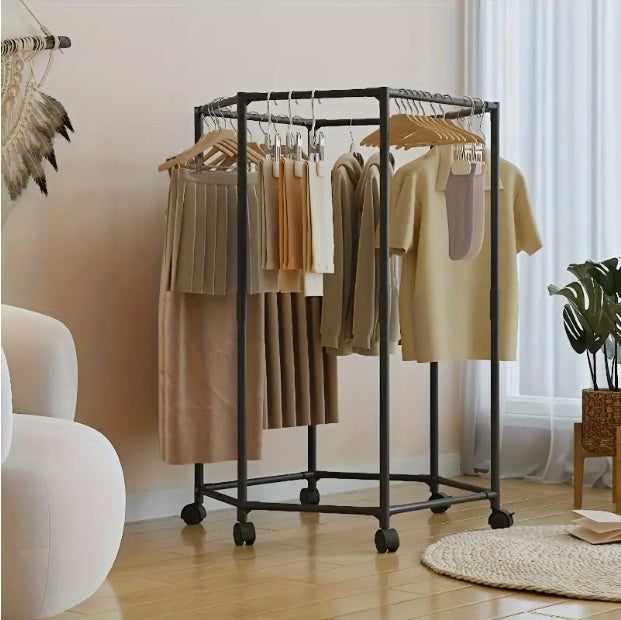 Clothing rack with dresses in a room with a plant and rug.