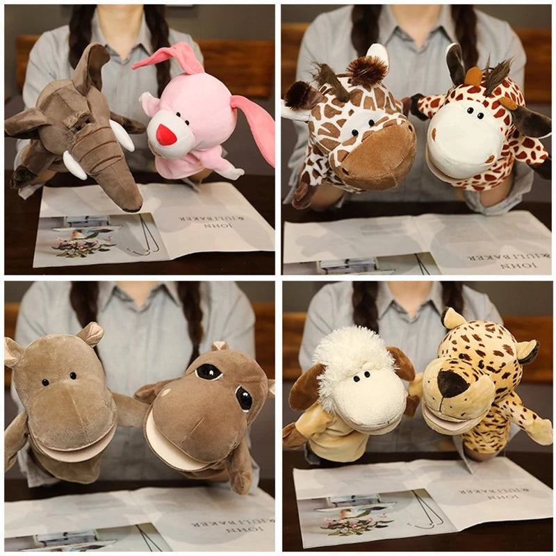 Collage of four images showing plush hand puppet toys resembling animals held by a person.
