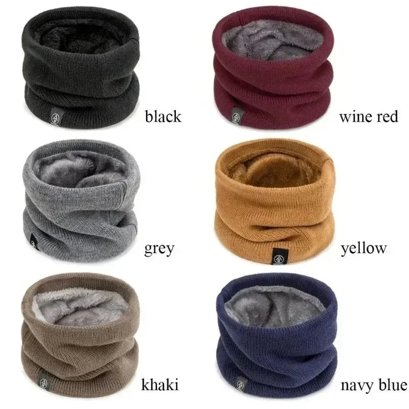 Collection of six neck warmers in different colors with labels.