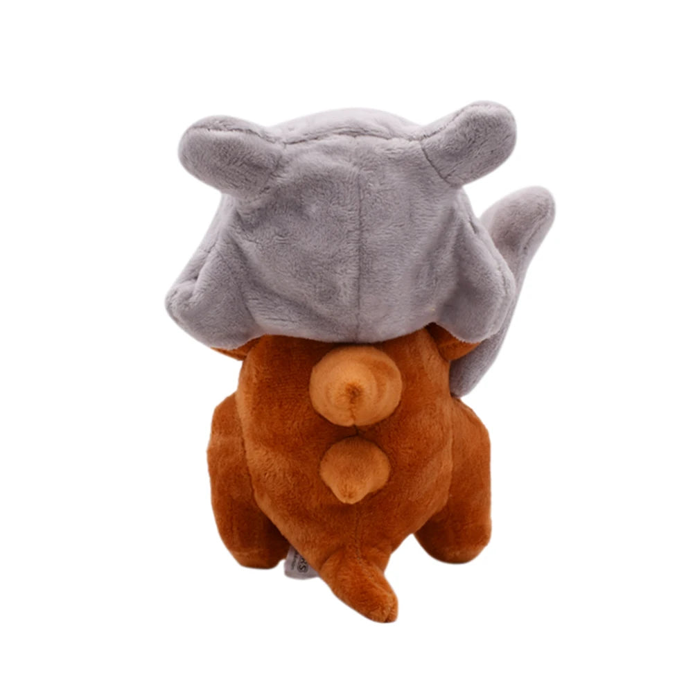 Cubone plush toy with a gray hood and brown body showing its back view on a white background