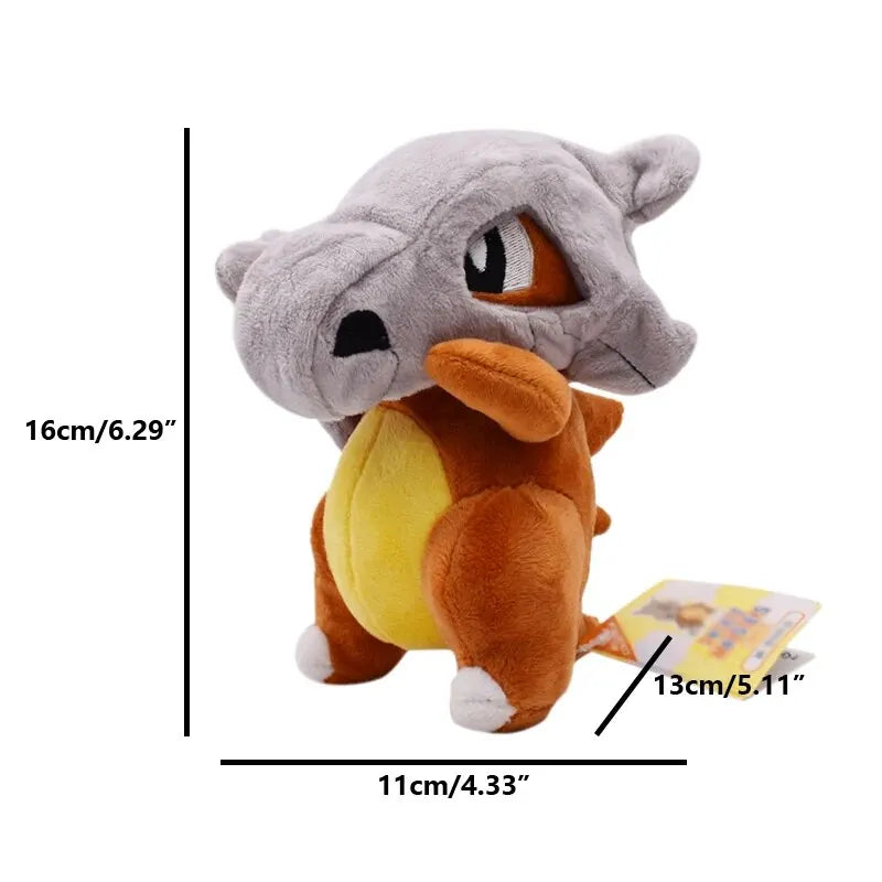 Cubone plush toy with measurements on a white background