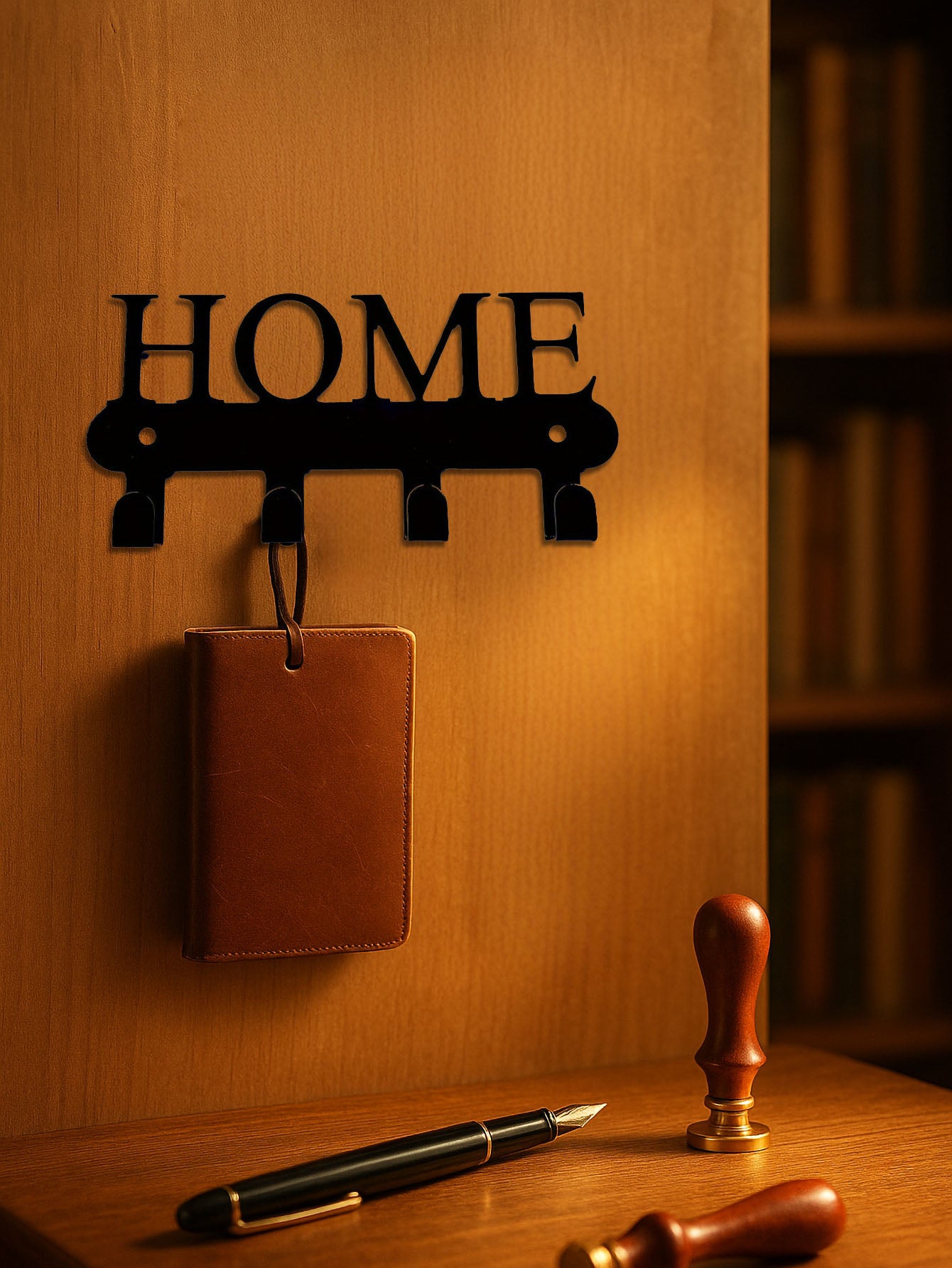 Decorative 4-hook key holder with 'HOME'  text design on a wooden surface with a pen and wallet.