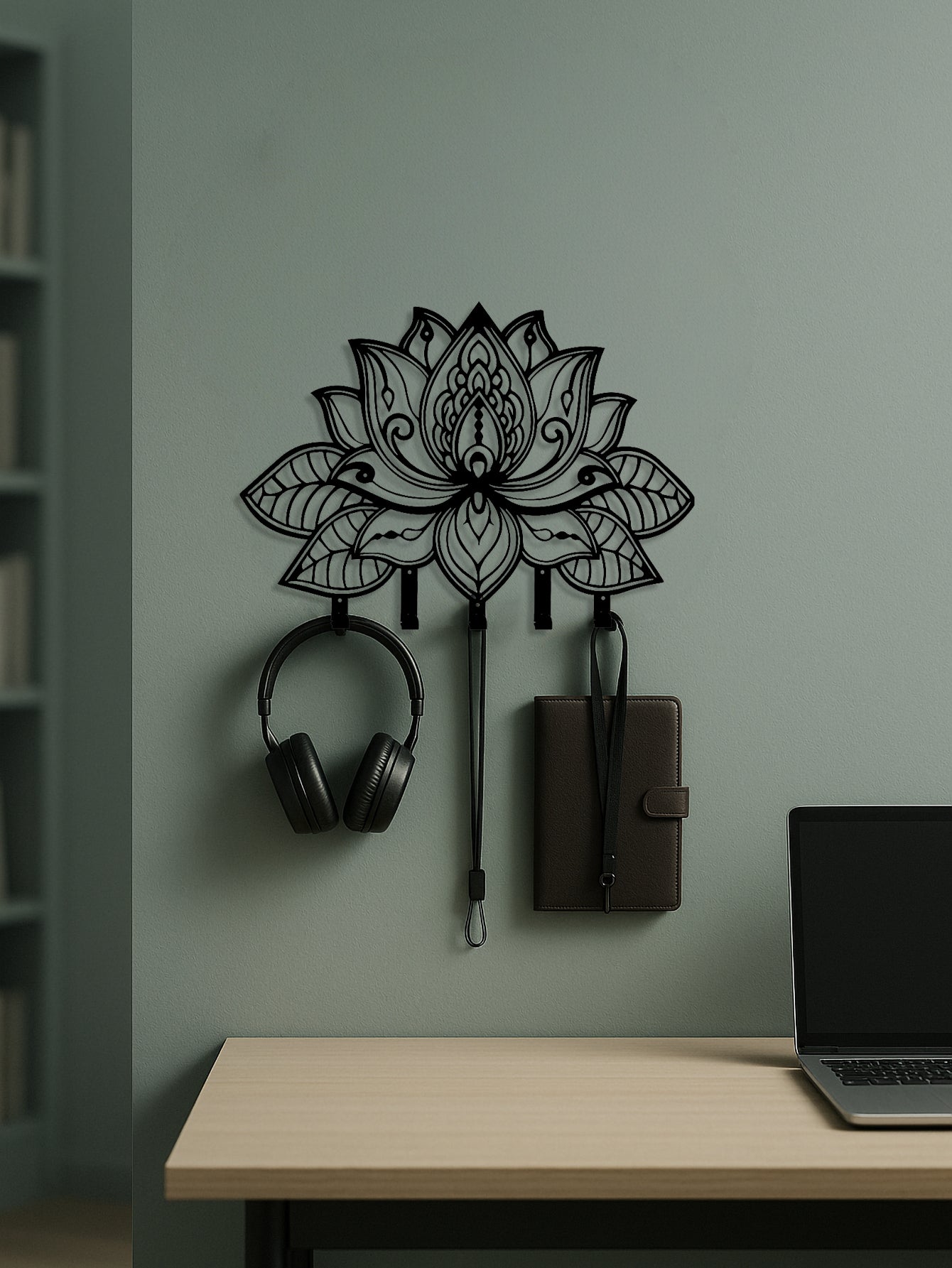 Decorative 5-hook wall mounted key rack with lotus design holding headphones and a phone case against a green wall with a partially visible laptop on a table beneath it.