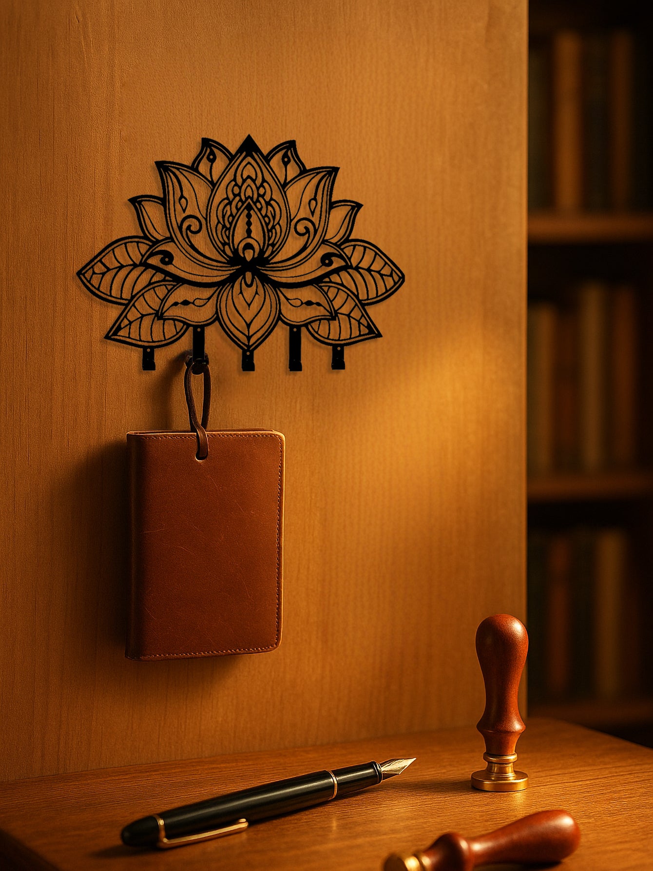 Decorative 5-hook wall mounted key rack with lotus design on a wooden surface with stationery items.