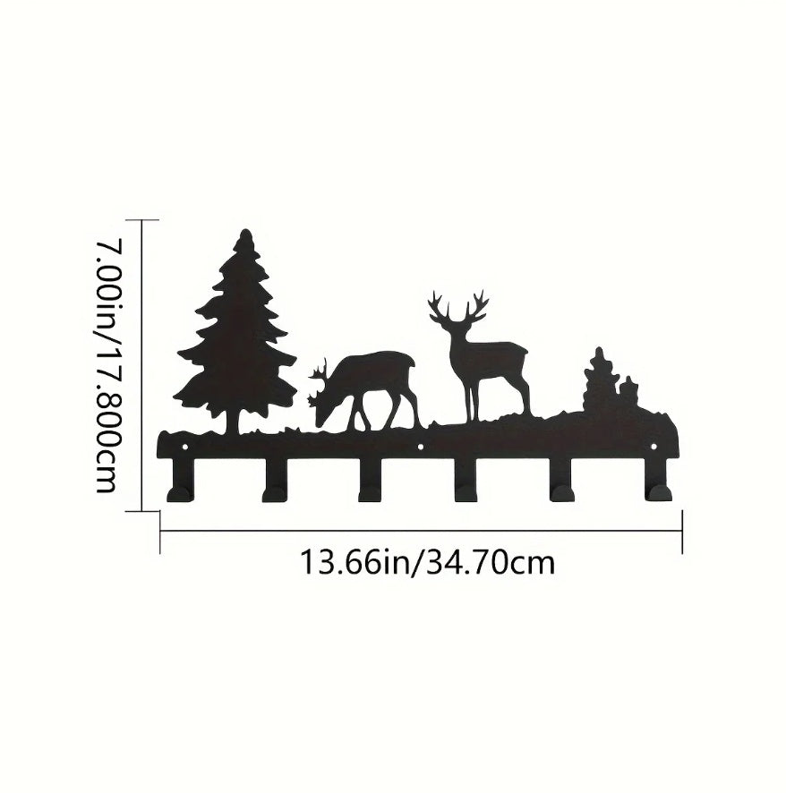 Decorative 6-hook wall mounted key and coat rack with deer and tree design and measurements on a white background