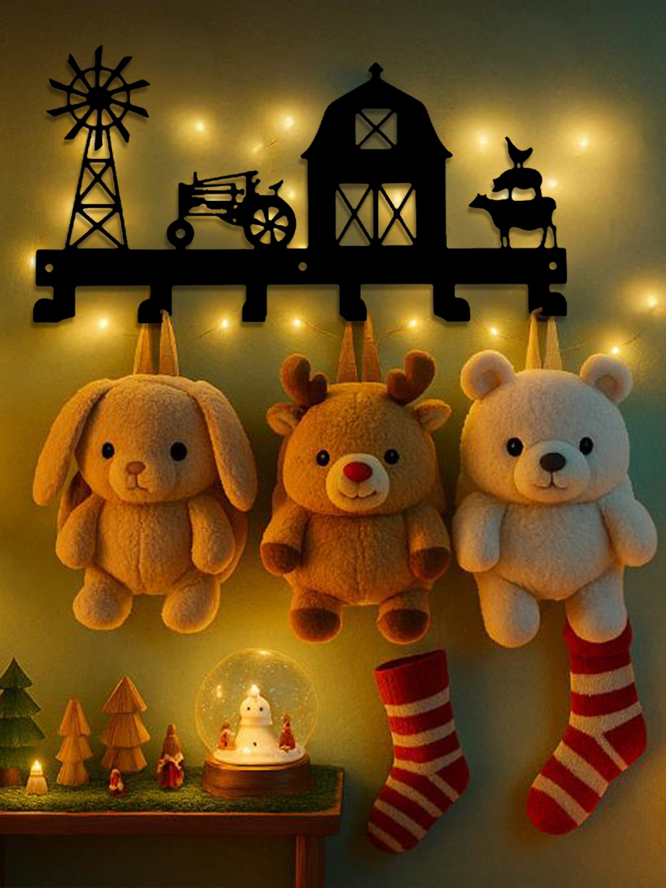 Decorative 6-hook wall mounted key and coat rack with plush toys, a snow globe, and Christmas decorations against a warm glow.