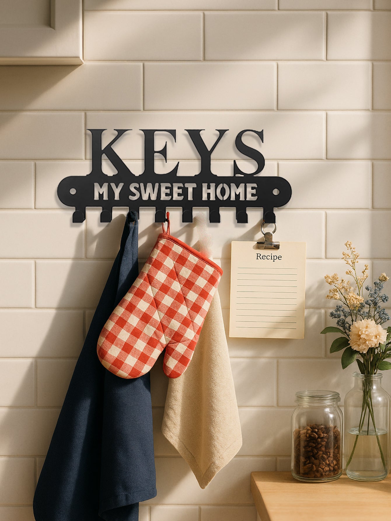 Decorative 8-hook key holder with 'KEYS MY SWEET HOME' text on a tiled wall.