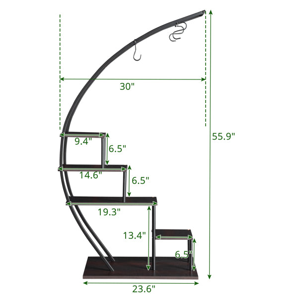 Dimensions of a curved 5 layer metal and MDF wood plant stand with measurements indicated.