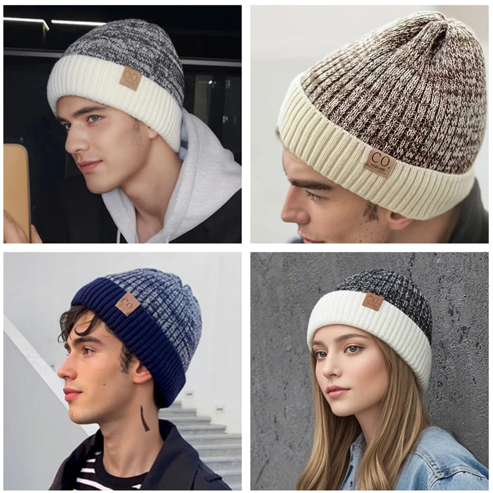 Four different beanie hats worn by people with a visible brand logo.