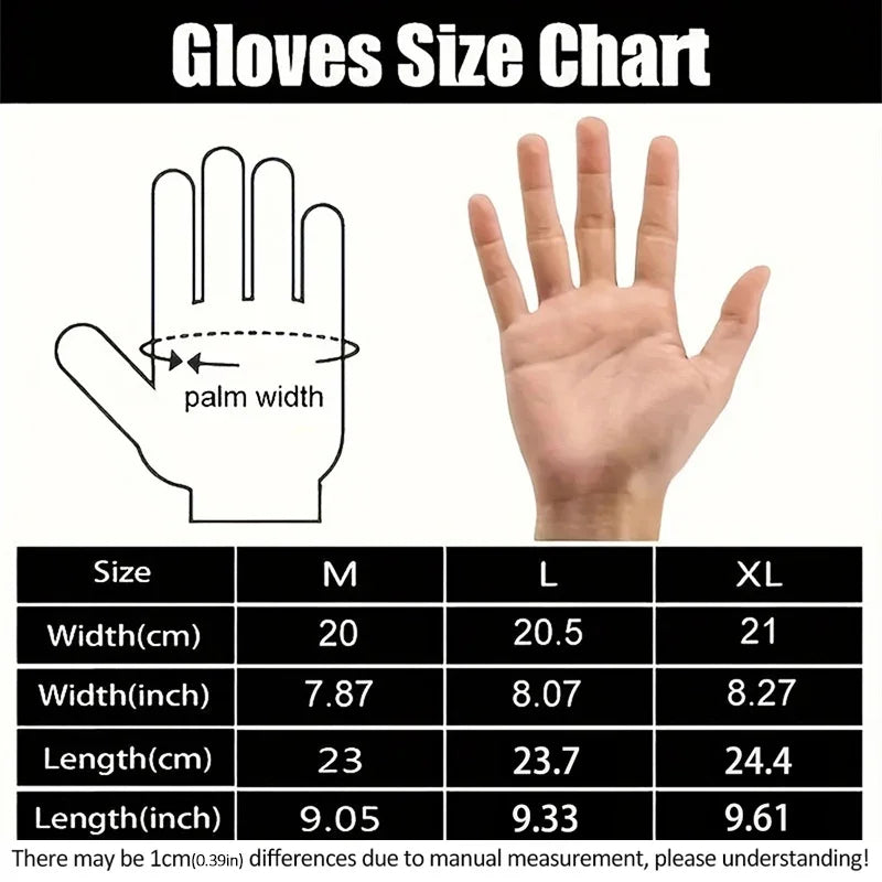 Gloves size chart with hand measurement and dimensions
