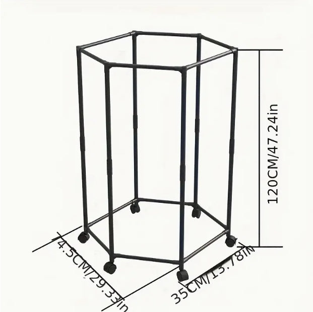 Hexagonal metal garment rack with dimensions on a white background