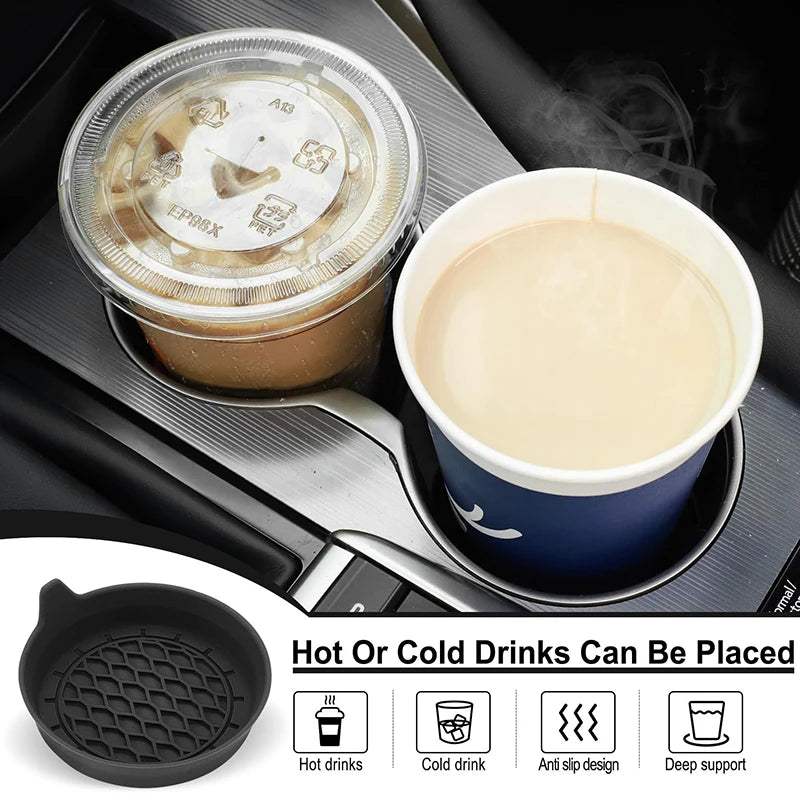 Image with silicone car cup holder insert with text on the image as Hot or cold drinks can be placed on this silicone car cup holder insert