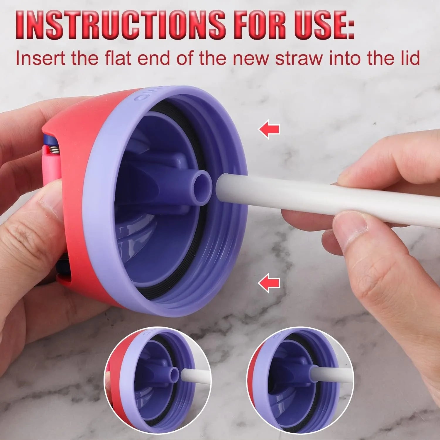 Instructions for inserting a straw into a red and purple lid of 40oz Owala tumbler on a marble surface.