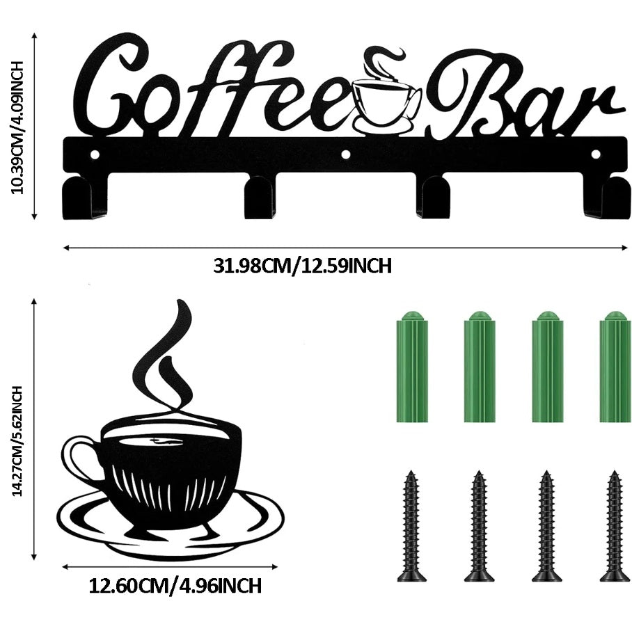 Metal 4-hook wall mounted coat and key rack with 'Coffee Bar' text and a separate coffee cup decor, including dimensions and hardware components.