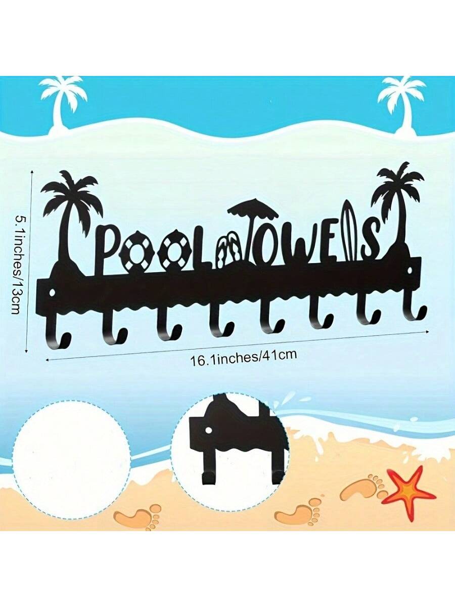 Metal towel rack with 'Pool Towels' text on a beach-themed background with marked dimensions as 16.1in long and 5.1in tall.
