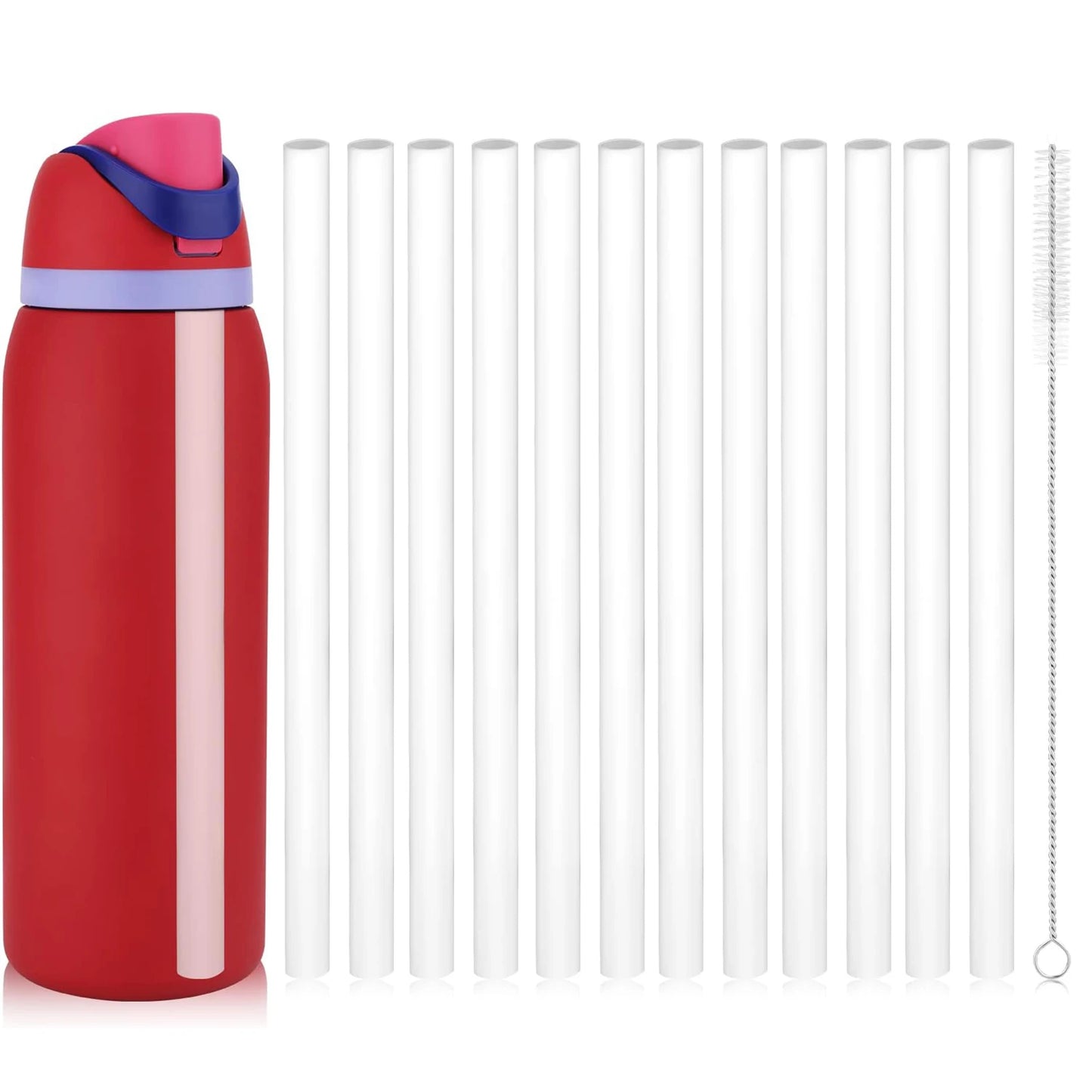 Red Owala 40oz tumbler with a pink base and blue accents, accompanied by a set of 12 replacement straws with cleaning brush on a white background.