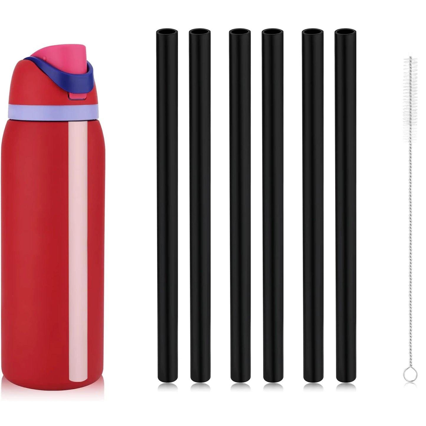 Red Owala 40oz tumbler with colorful band, 6 pack black straws, and cleaning brush on a white background
