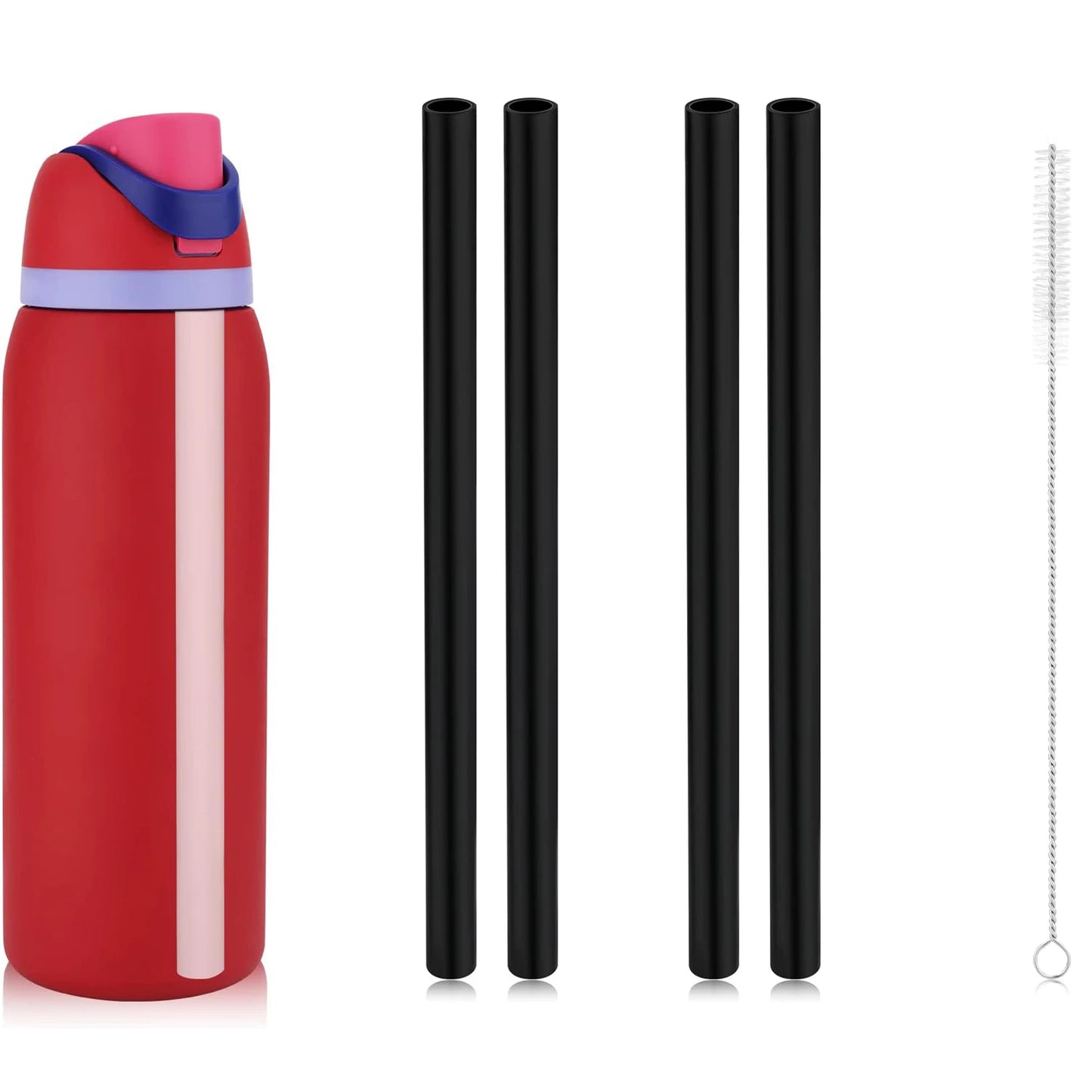 Red Owala 40oz tumbler with colorful band, four black replacement straws, and a cleaning brush on a white background