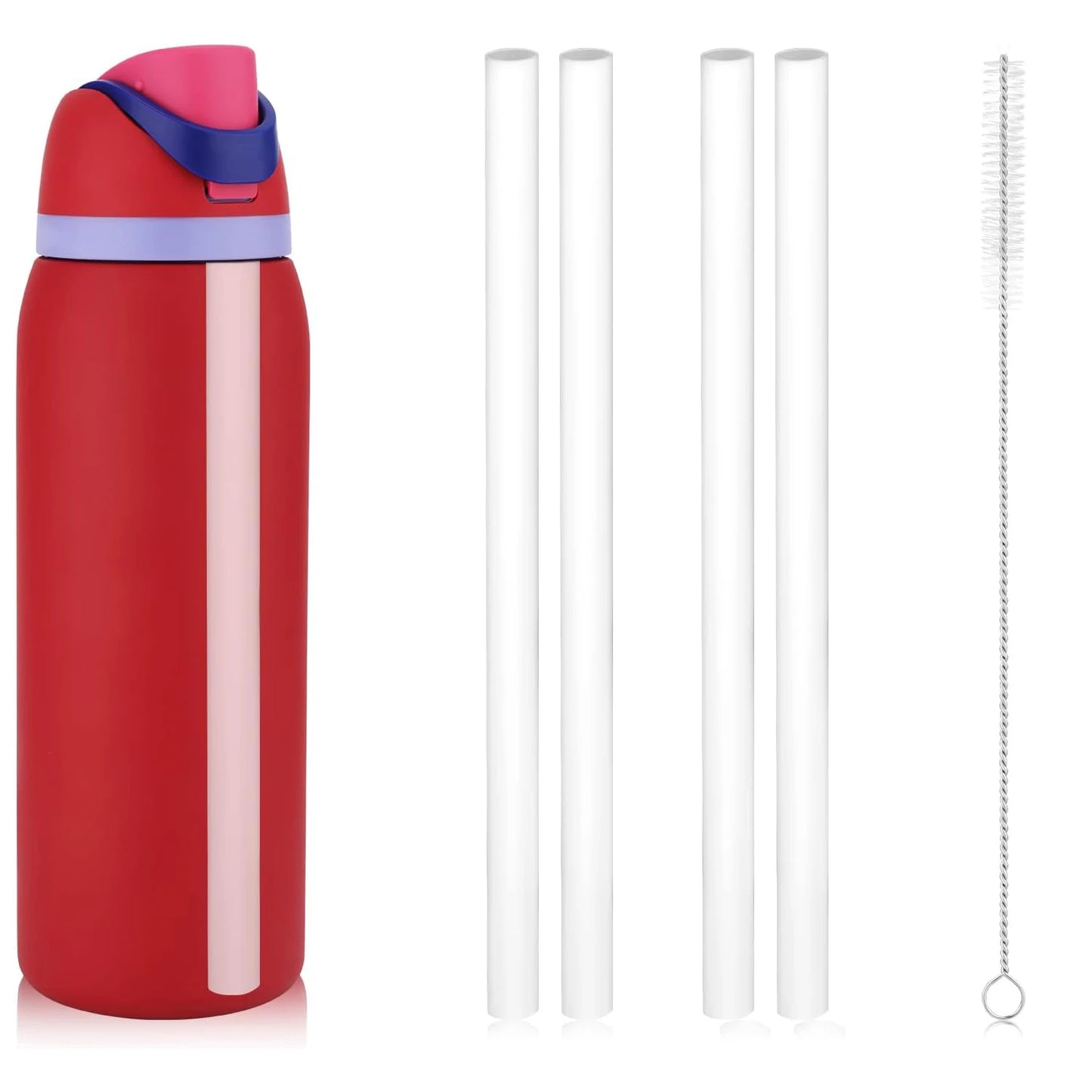 Red Owala 40oz tumbler with colorful cap and four replacement straws with cleaning brush on a white background