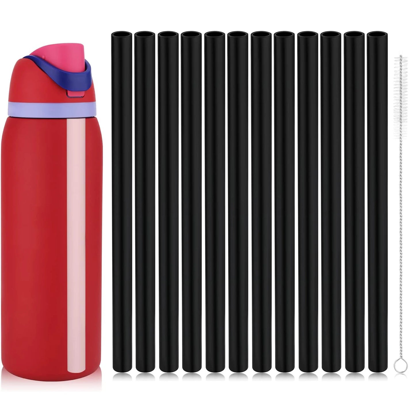 Red Owala 4o0z tumbler with a pink top and blue band, along with 12 pack black replacement straws with cleaning brush on a white background.