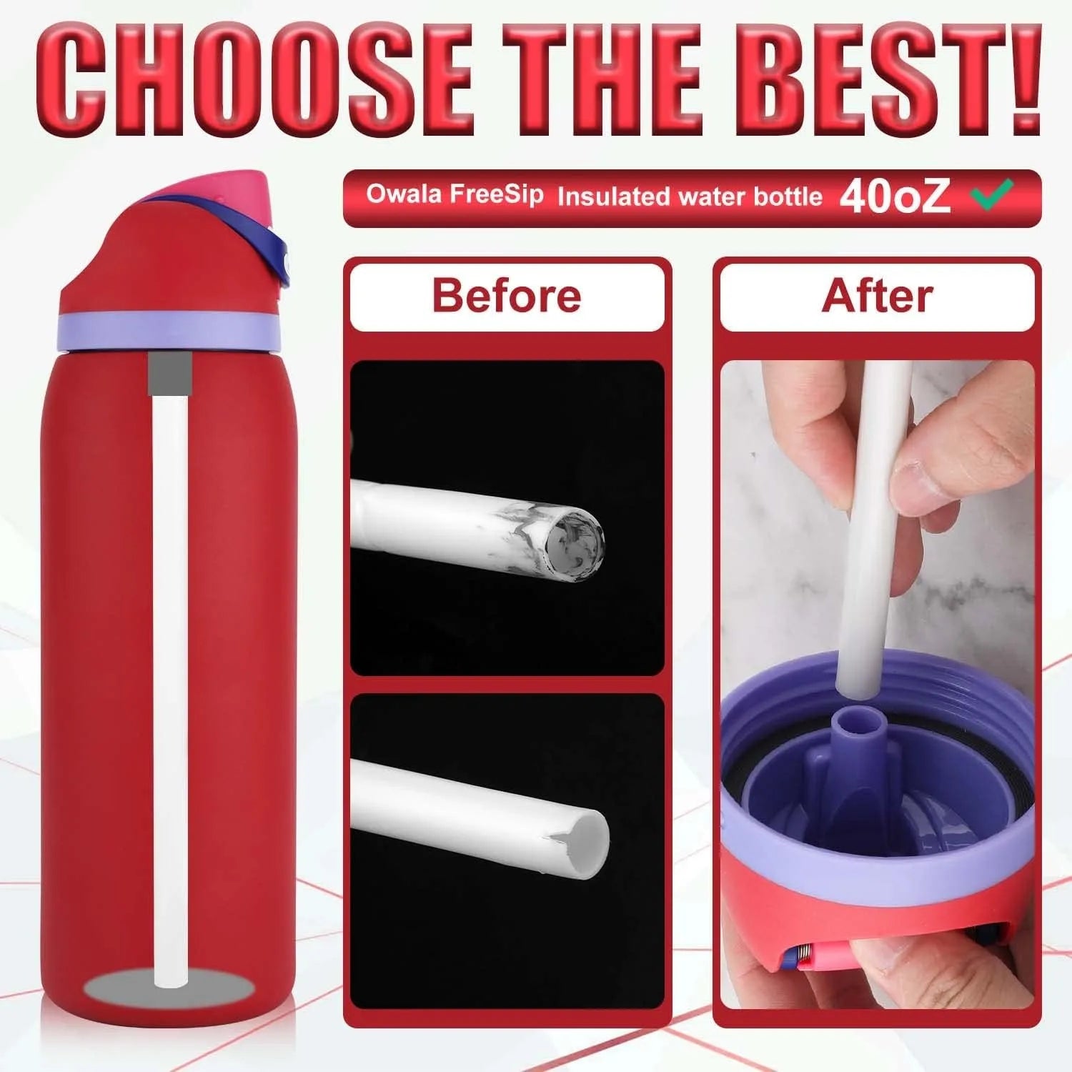 Red insulated water bottle with straw attachment, before and after images showing the straw's functionality.
