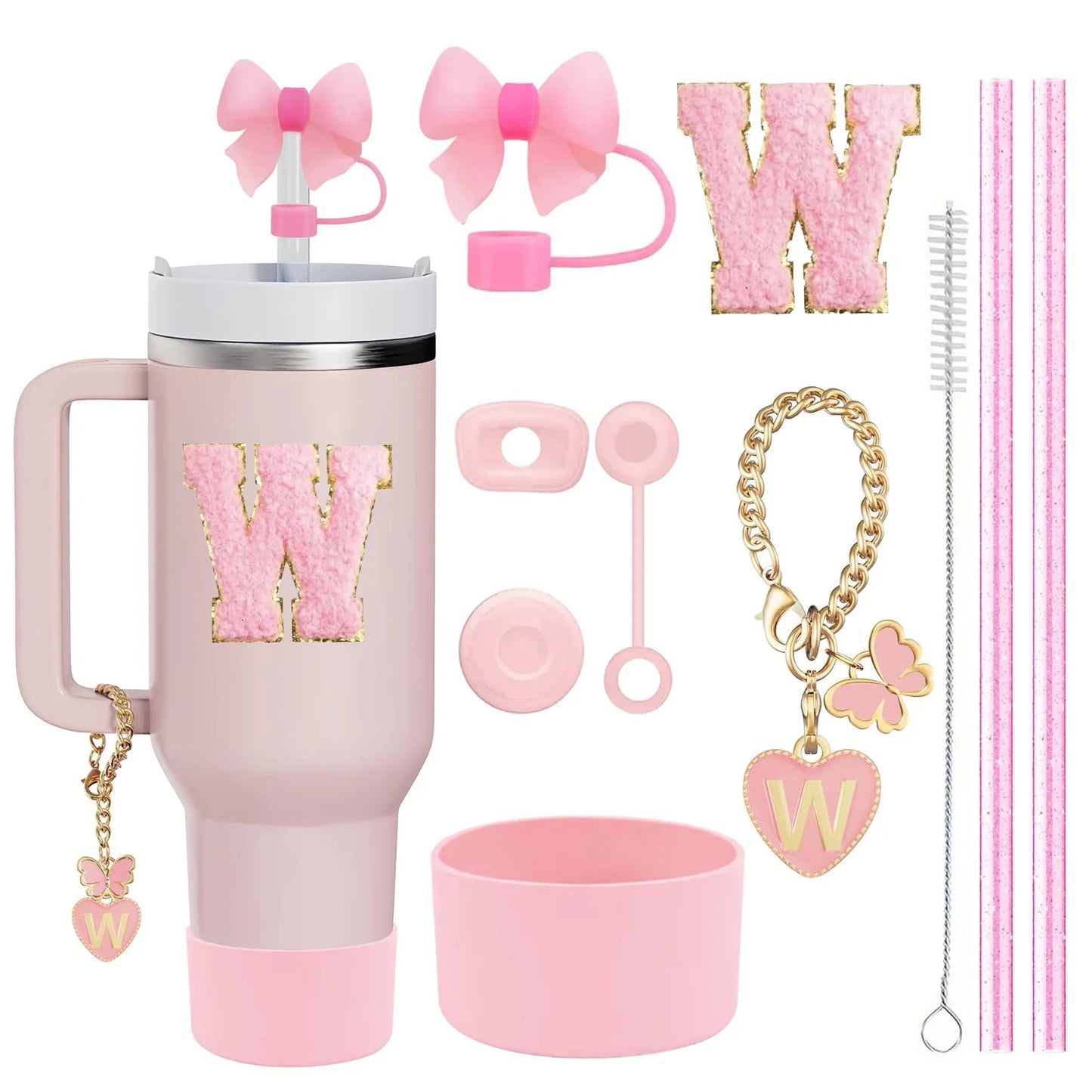 10-Piece Pink Tumbler Accessory Kit – Personalized Letter & Bow Set with Spill Stoppers & Charms