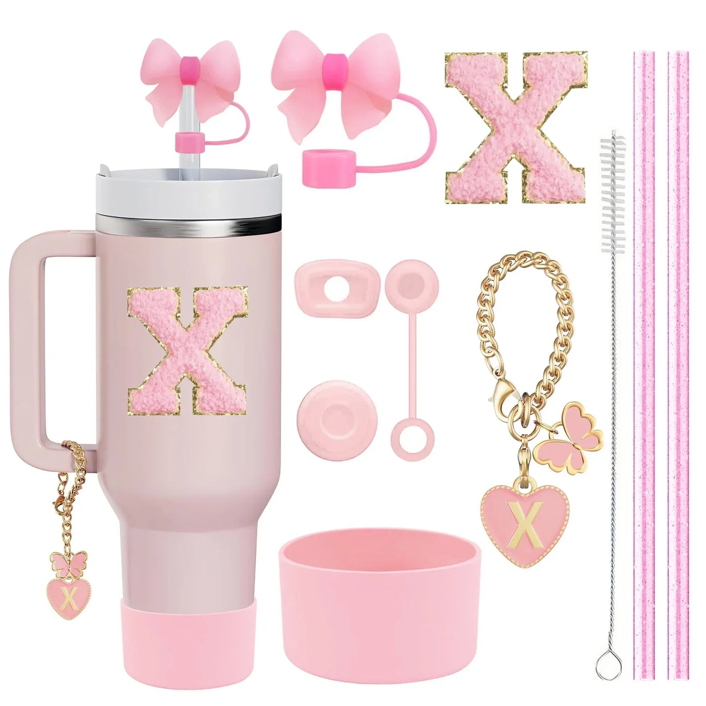 10-Piece Pink Tumbler Accessory Kit – Personalized Letter & Bow Set with Spill Stoppers & Charms