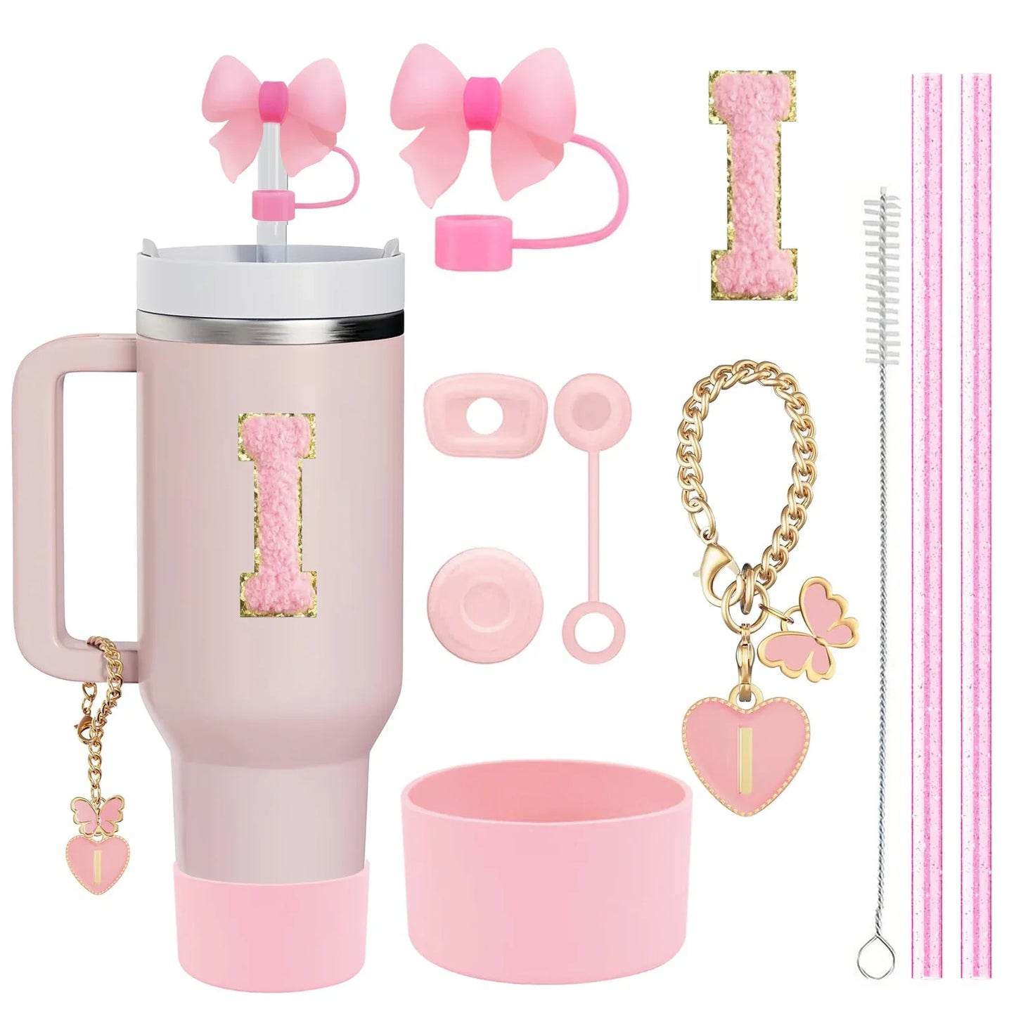 10-Piece Pink Tumbler Accessory Kit – Personalized Letter & Bow Set with Spill Stoppers & Charms