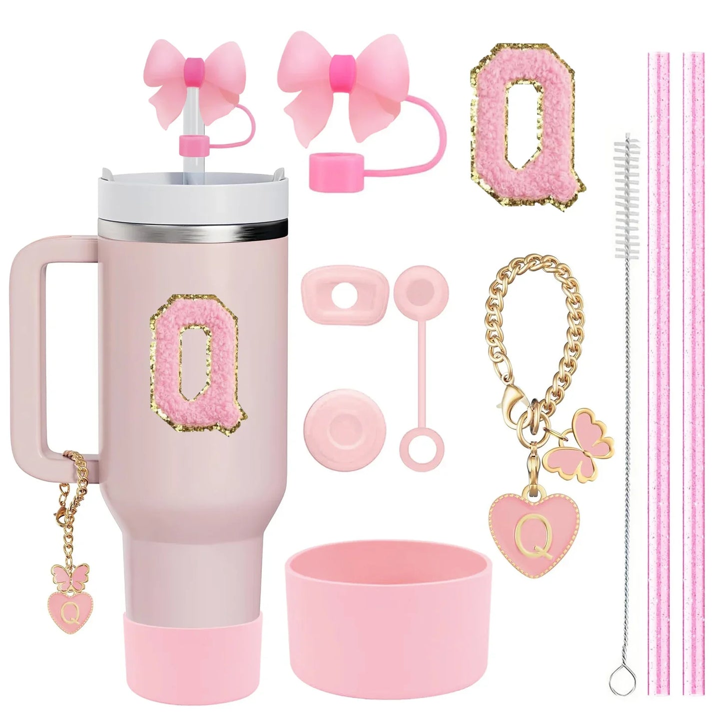 10-Piece Pink Tumbler Accessory Kit – Personalized Letter & Bow Set with Spill Stoppers & Charms