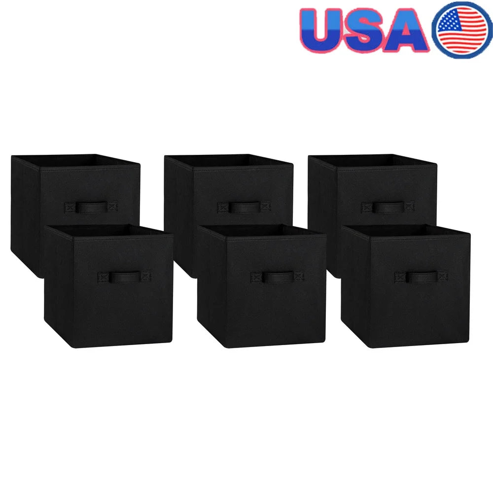 Collapsible Fabric Storage Cubes 6-Pack – Black Cube Organizer Bins with Handles, Foldable Storage for Clothes, Books & Home Office