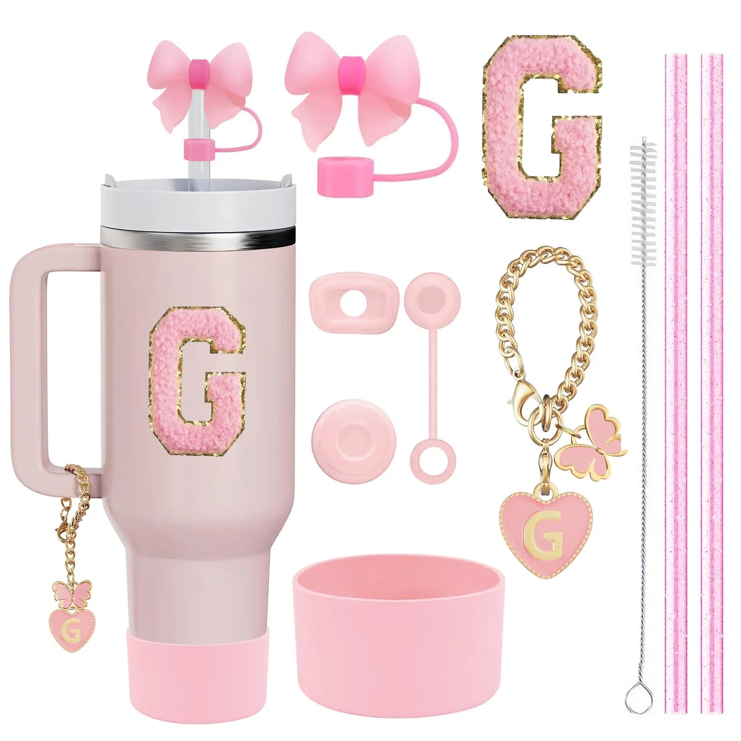 10-Piece Pink Tumbler Accessory Kit – Personalized Letter & Bow Set with Spill Stoppers & Charms
