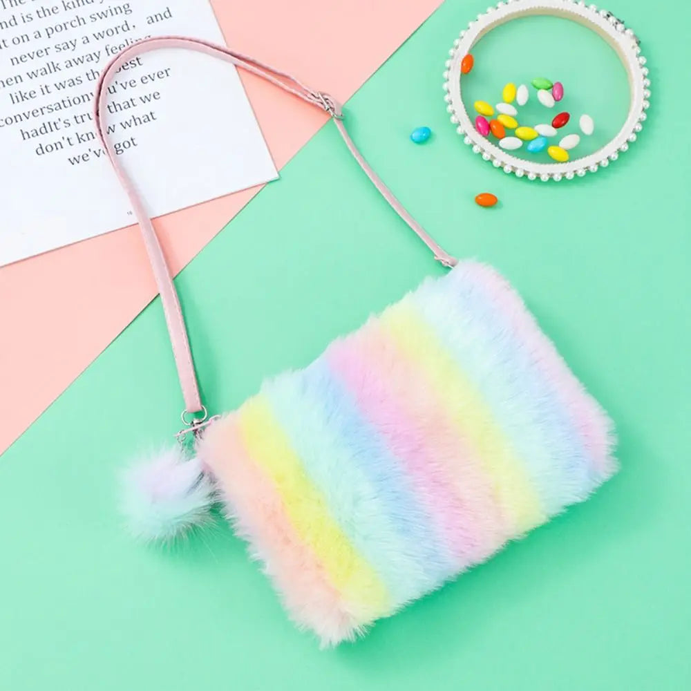 Girls Plush Tie Dye Rainbow Crossbody Purse, Fluffy Fuzzy Bag