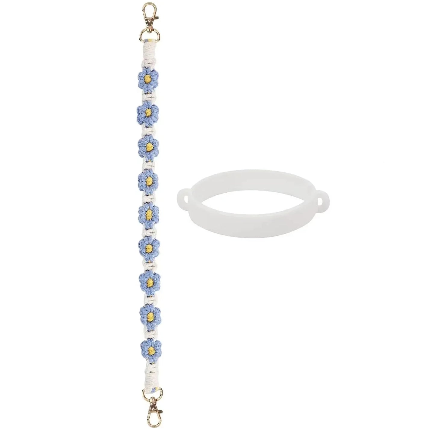 Decorative Water Bottle Sling Carrier – Flower Design Crocheted Handle with Silicone Ring & Strap