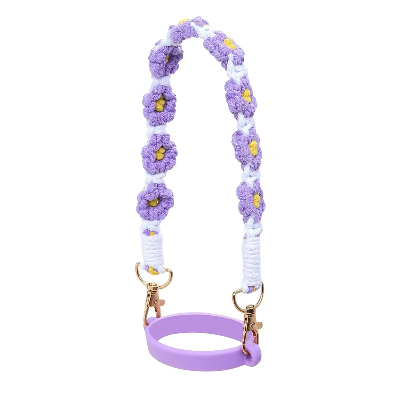 Decorative Water Bottle Sling Carrier – Flower Design Crocheted Handle with Silicone Ring & Strap