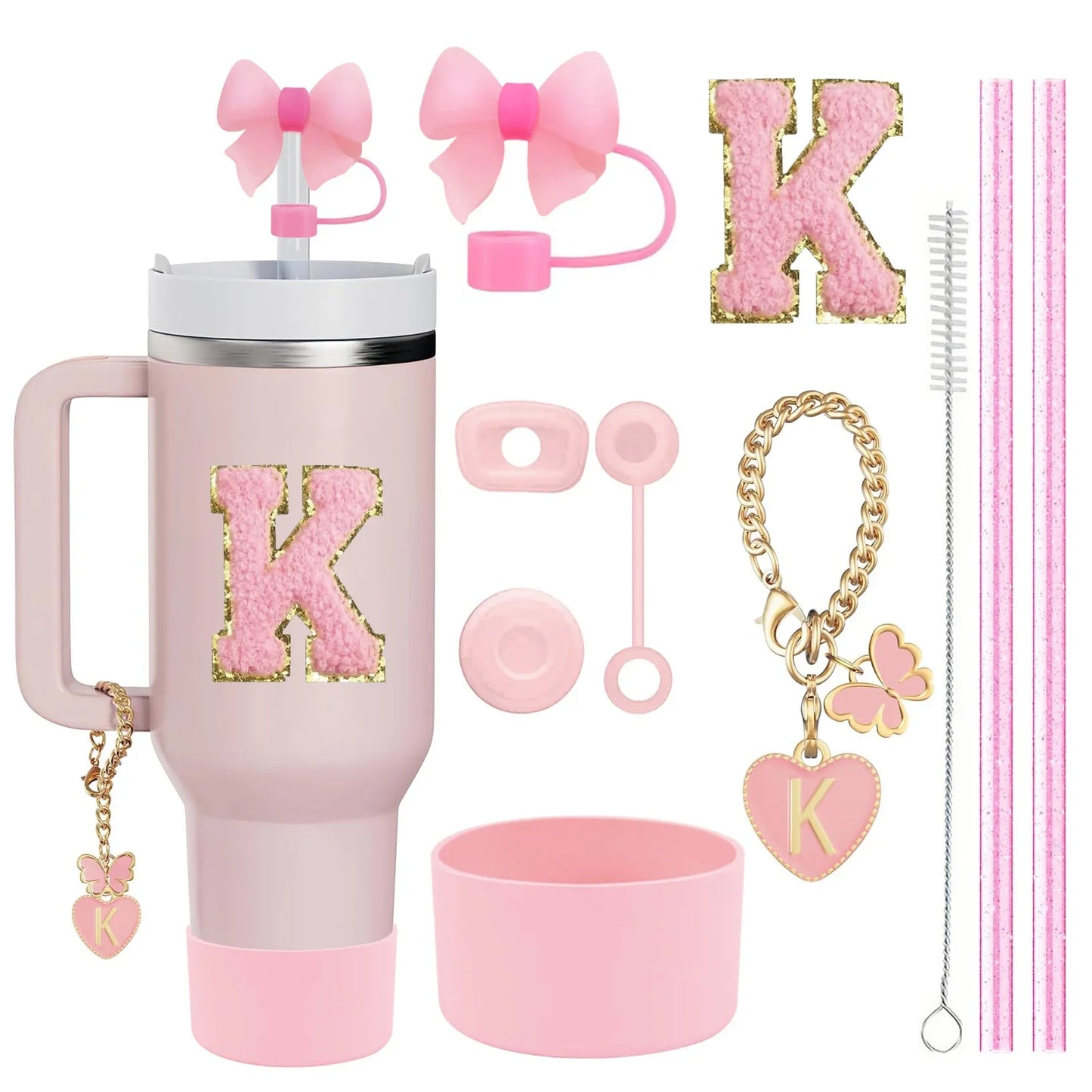 10-Piece Pink Tumbler Accessory Kit – Personalized Letter & Bow Set with Spill Stoppers & Charms