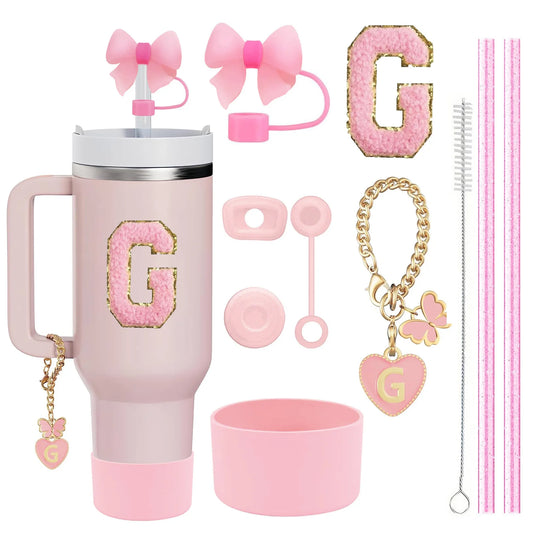 10-Piece Pink Tumbler Accessory Kit – Personalized Letter & Bow Set with Spill Stoppers & Charms