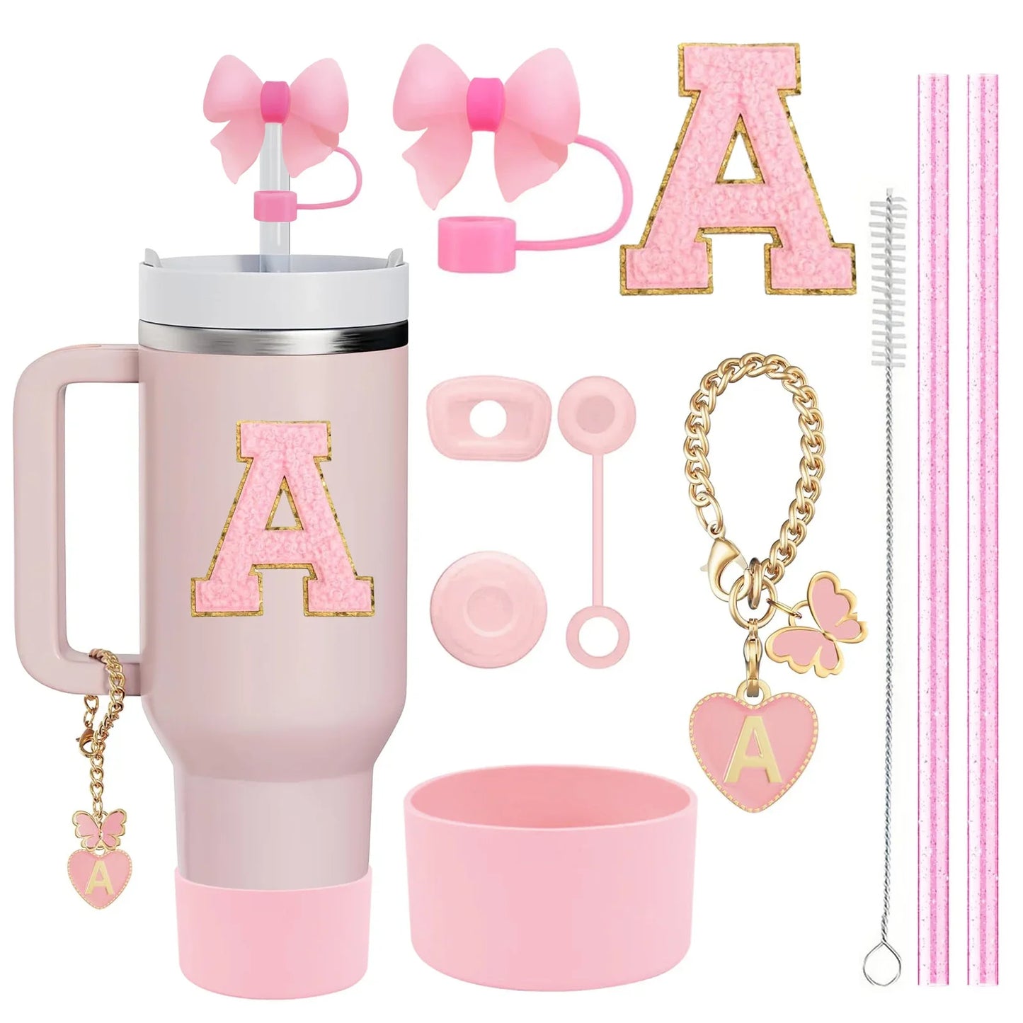 10-Piece Pink Tumbler Accessory Kit – Personalized Letter & Bow Set with Spill Stoppers & Charms