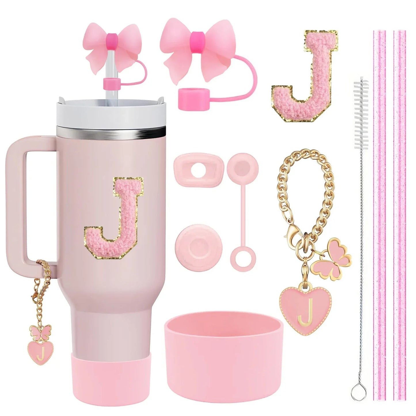 10-Piece Pink Tumbler Accessory Kit – Personalized Letter & Bow Set with Spill Stoppers & Charms