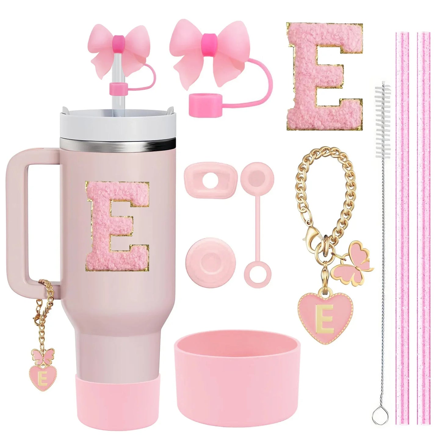 10-Piece Pink Tumbler Accessory Kit – Personalized Letter & Bow Set with Spill Stoppers & Charms