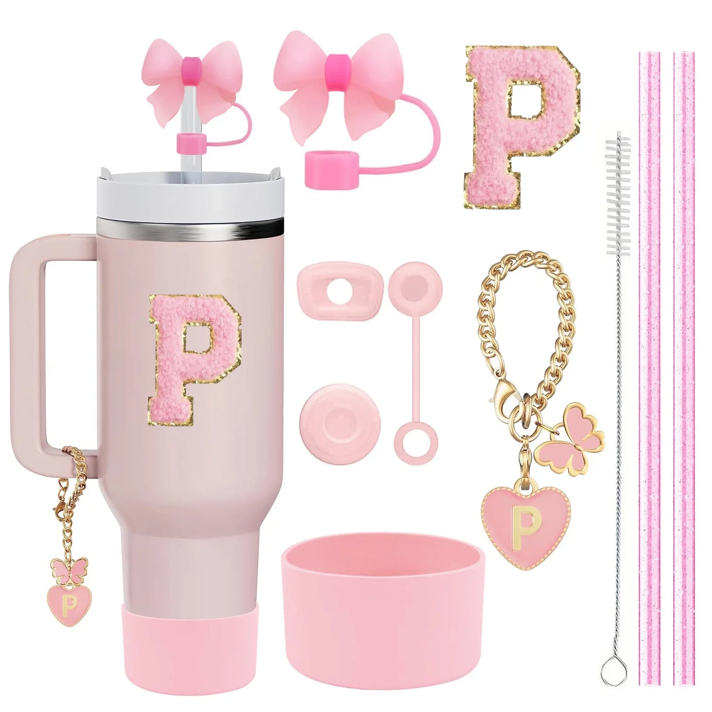 10-Piece Pink Tumbler Accessory Kit – Personalized Letter & Bow Set with Spill Stoppers & Charms