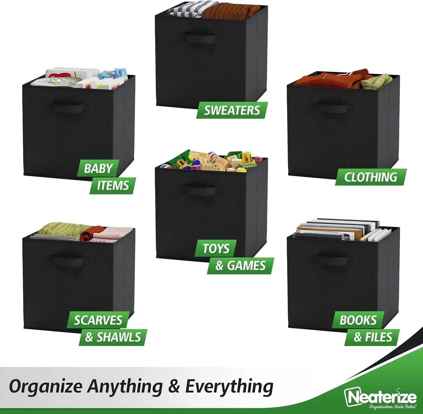 8-Pack Fabric Storage Cubes for Cube Organizer – 13 Inch Heavy Duty Black Bins with Handles
