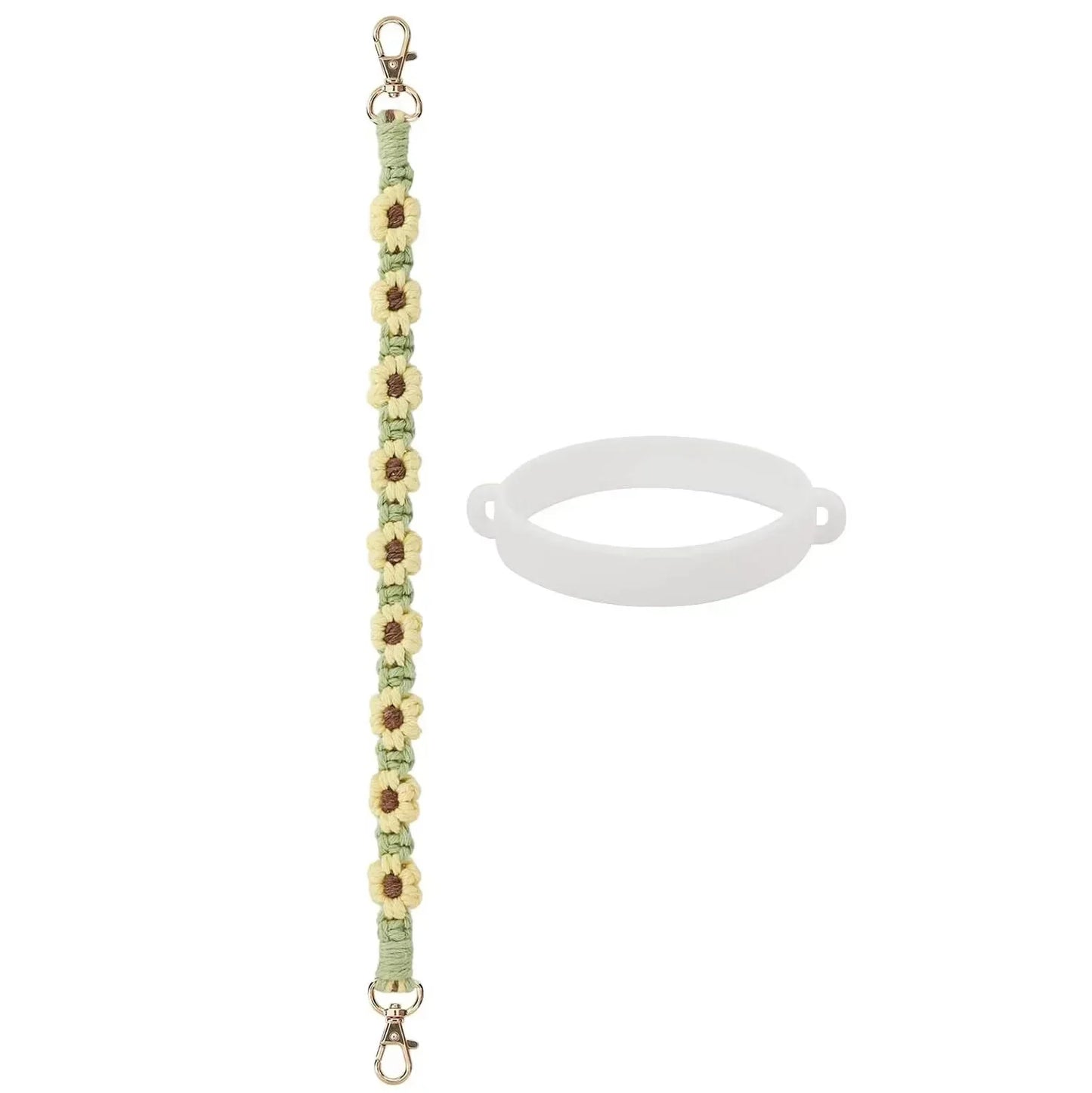 Decorative Water Bottle Sling Carrier – Flower Design Crocheted Handle with Silicone Ring & Strap